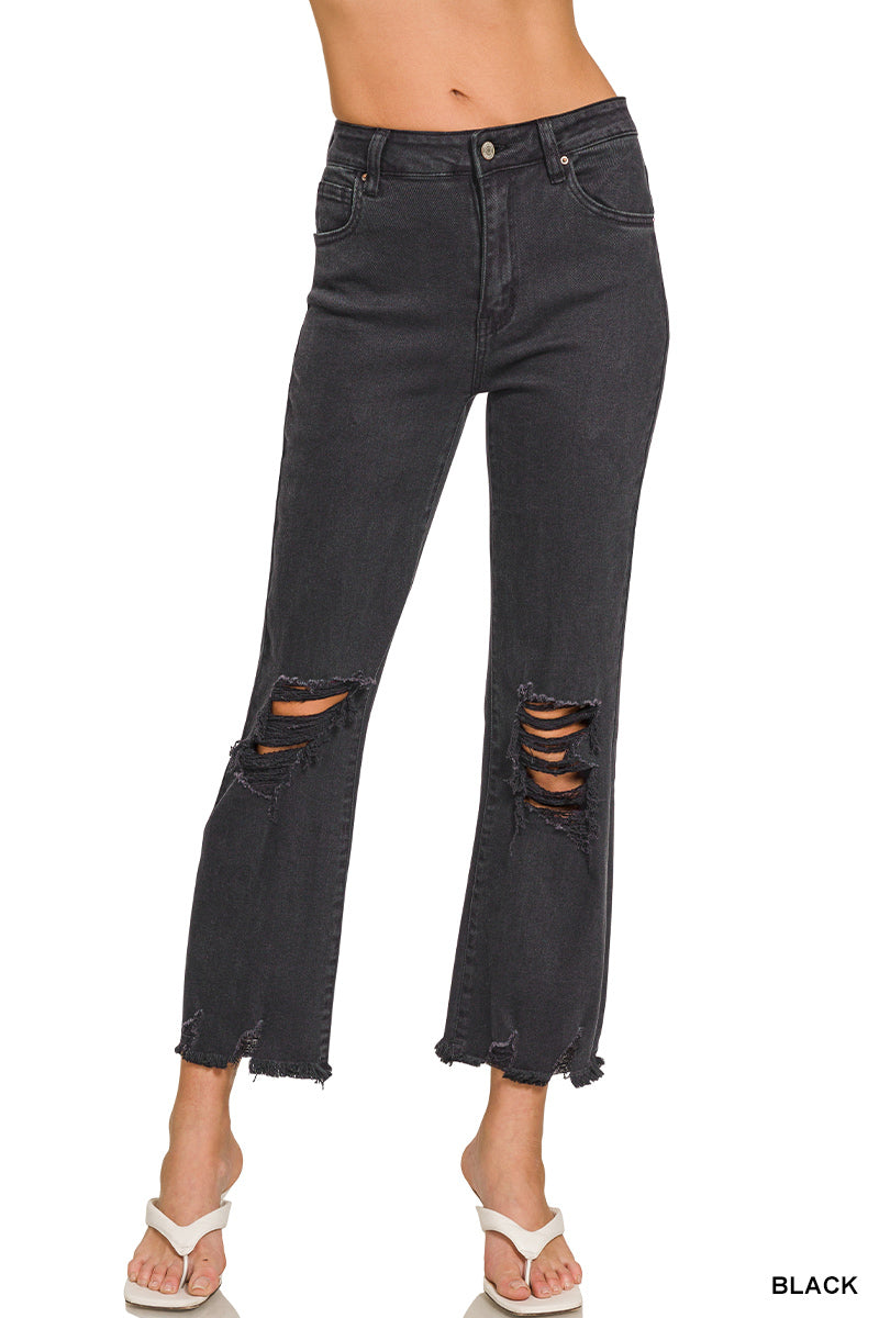 Distressed Acid Washed High Waisted Straight Leg Jeans