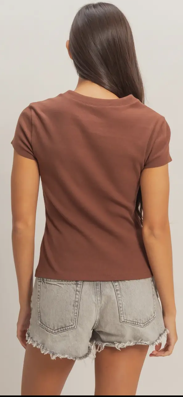 Ribbed Button-Front Crew Neck Top