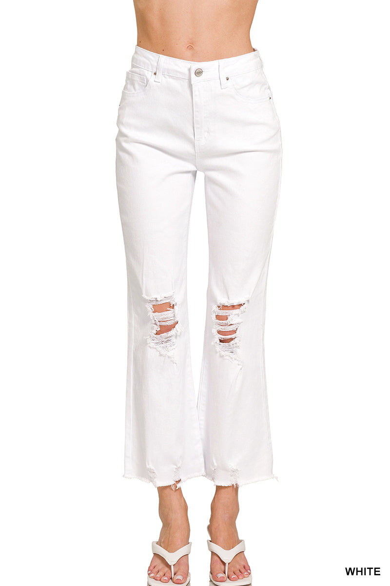 Distressed Acid Washed High Waisted Straight Leg Jeans