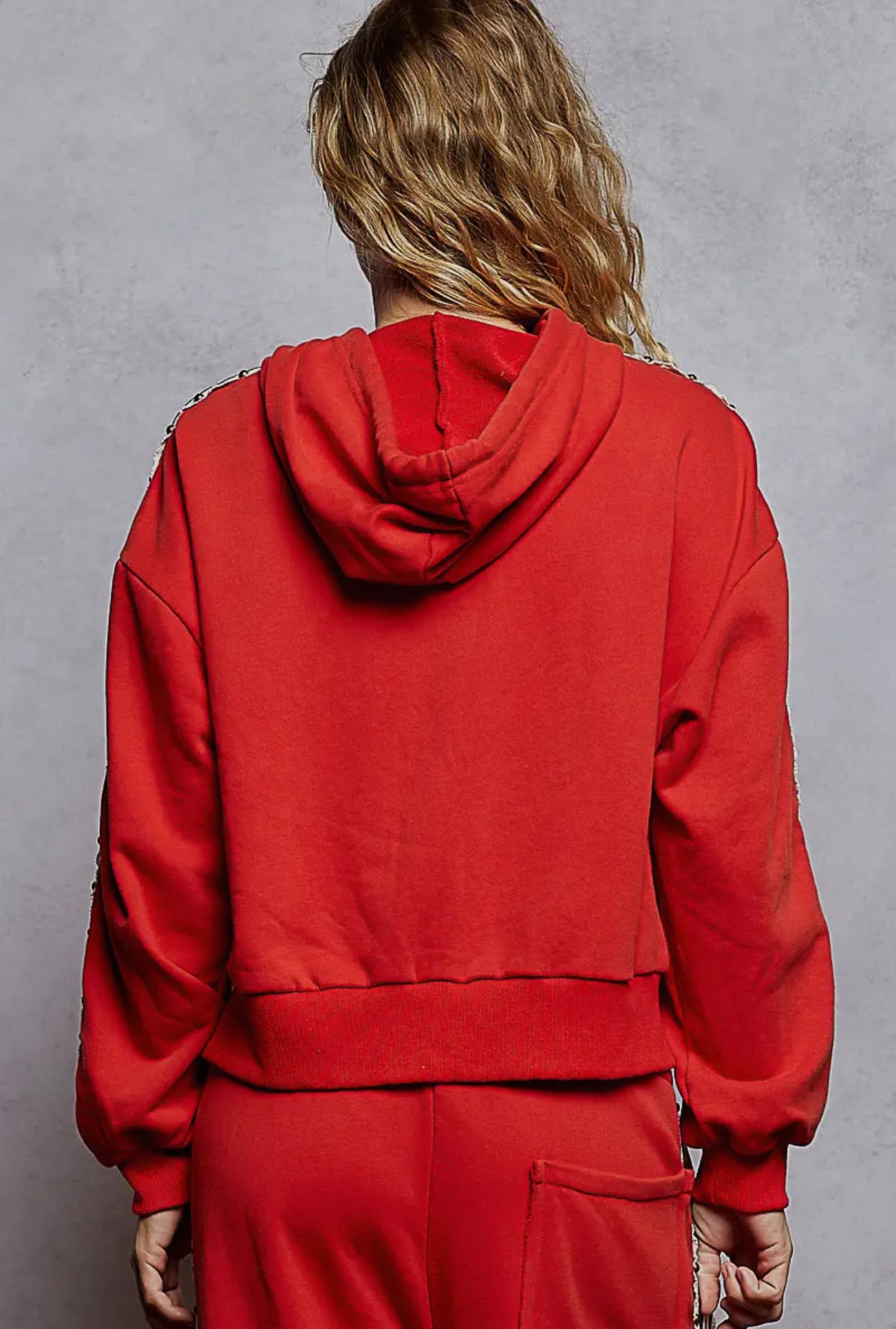 Striped Trim Stud Knit Hoodie Top