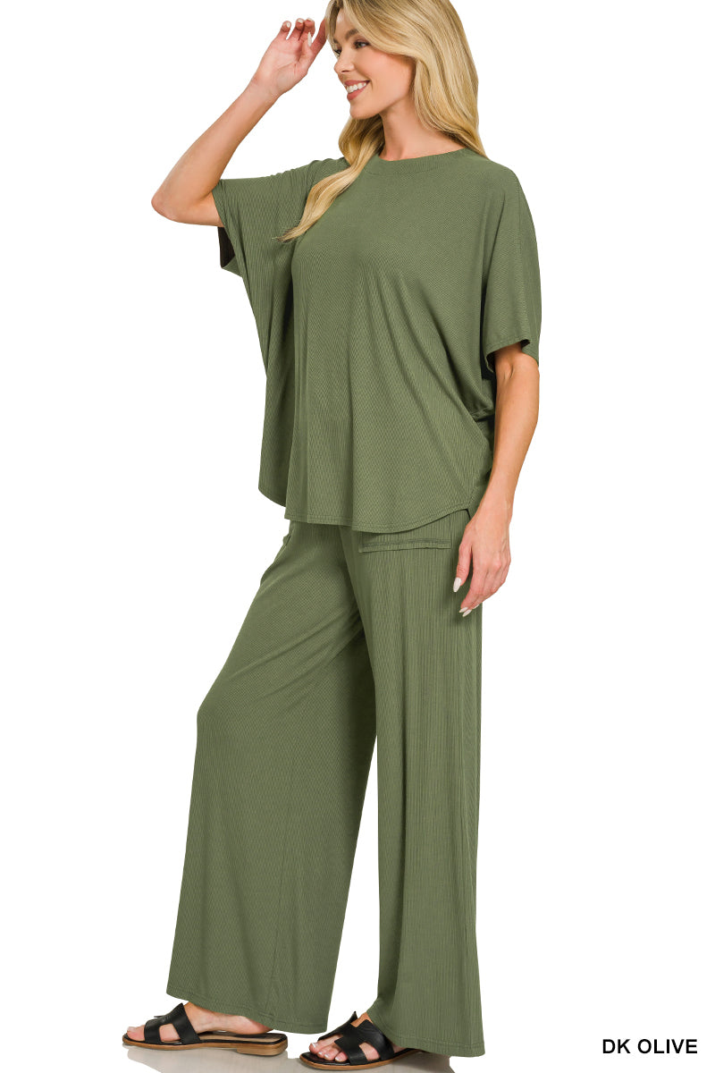 Ribbed Rayon Relaxed Fit Top & Pants Set