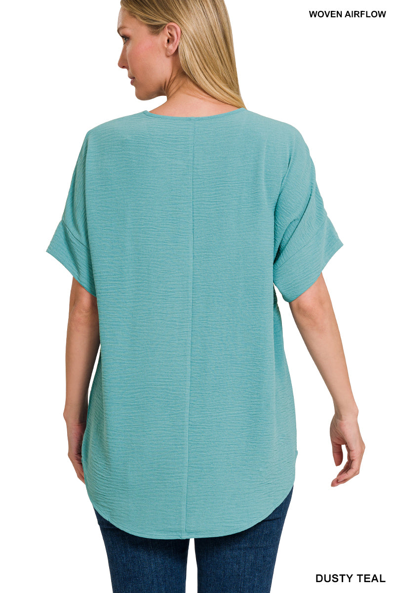 Woven Airflow Split Neck Short Sleeve Top