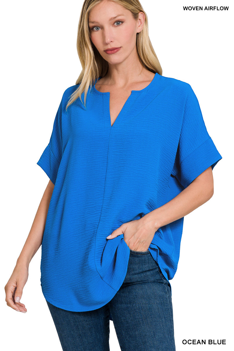 Woven Airflow Split Neck Short Sleeve Top