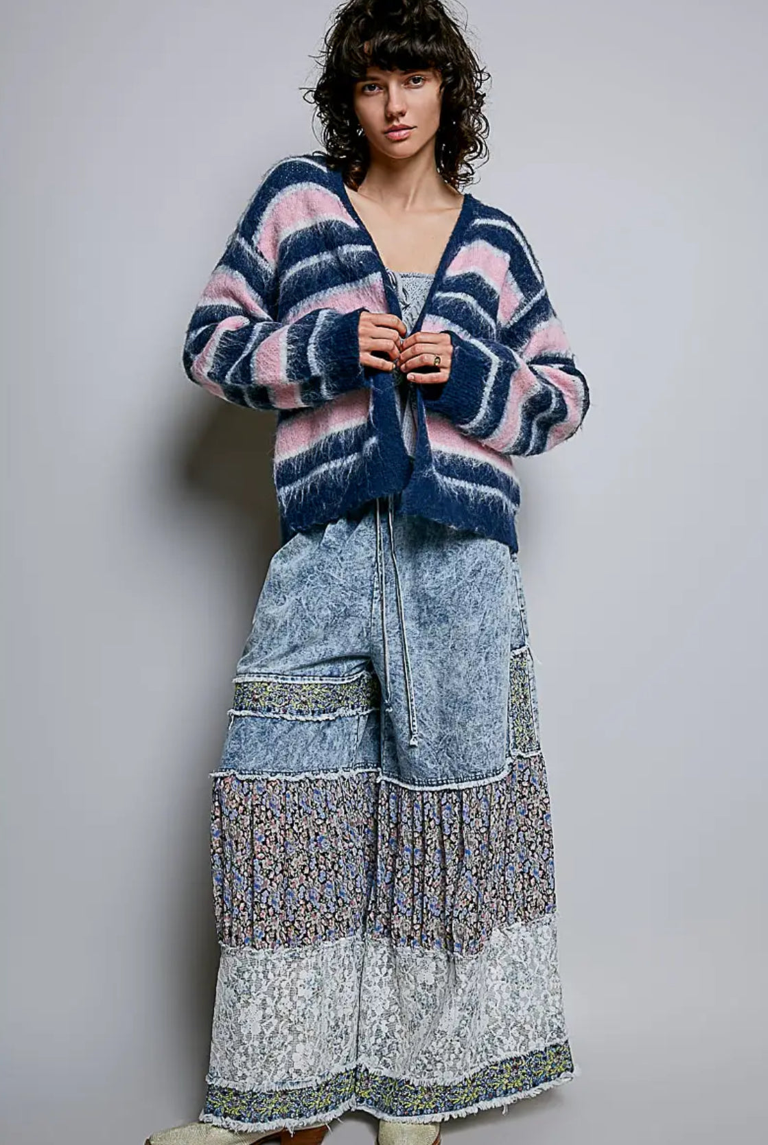 Straight Sleeve Striped Mohair Sweater Open Cardigan