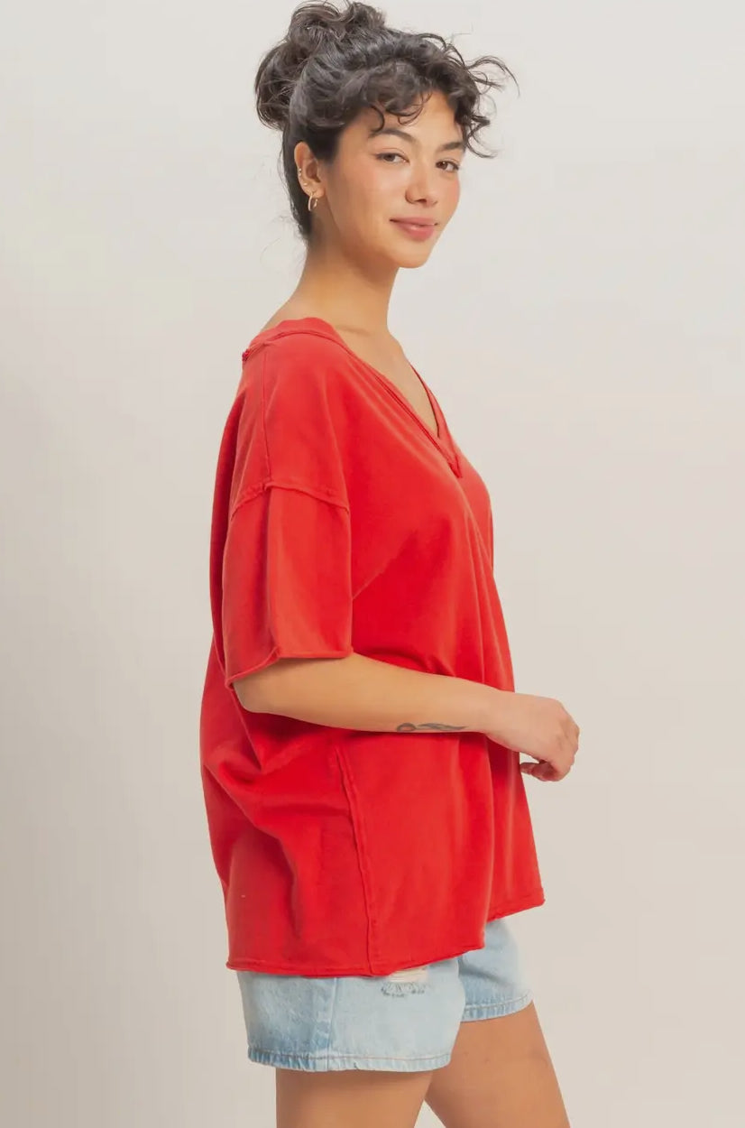 Washed V-Neck Oversized Top