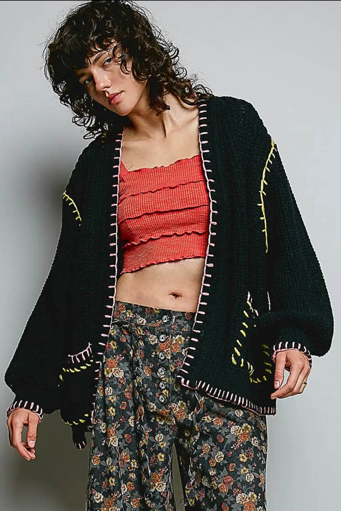 Solid Pattern Blanket Stitch Sweater Open Cardigan
