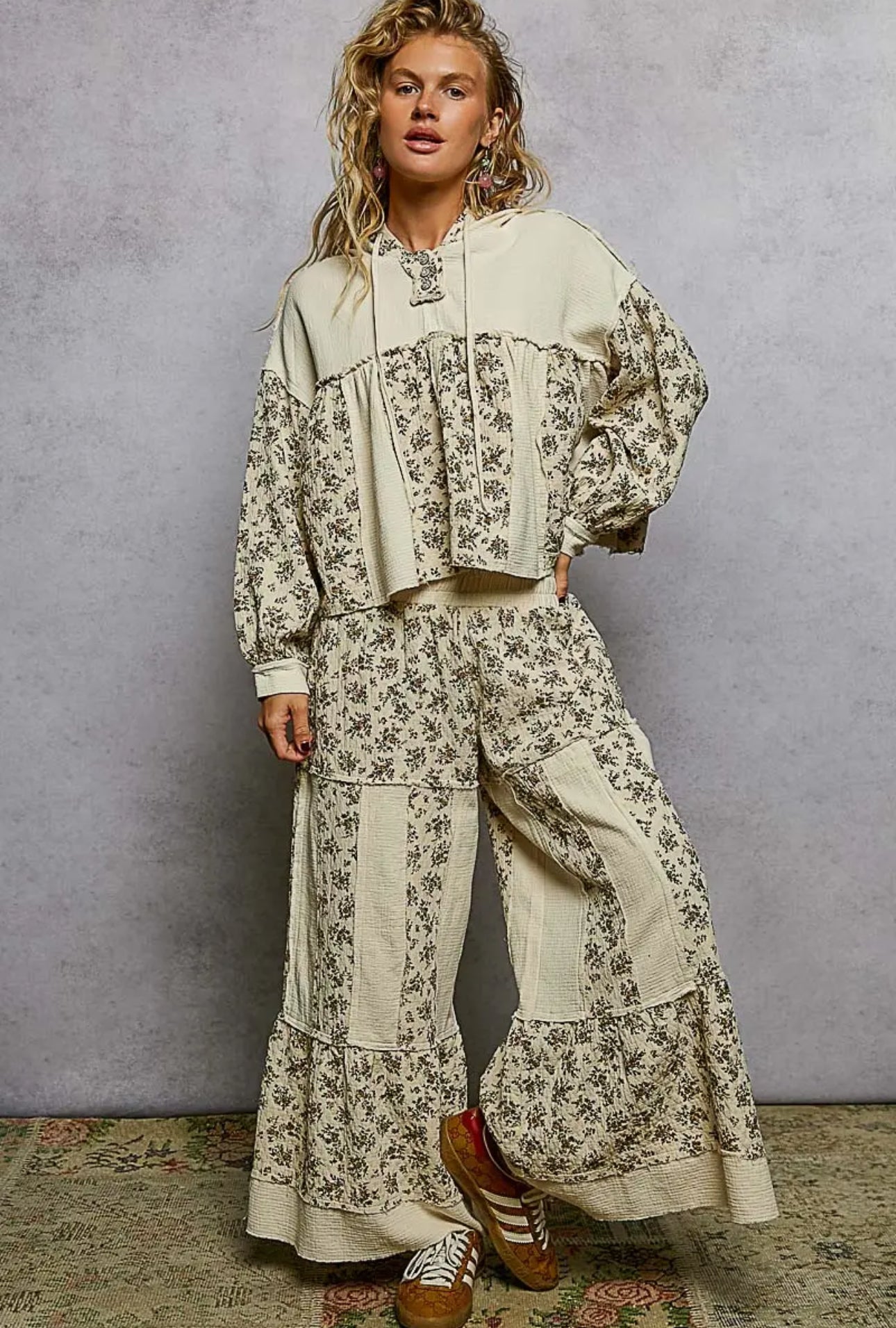 Vintage Wash Double Gauze Floral Hoodie and Pants Set