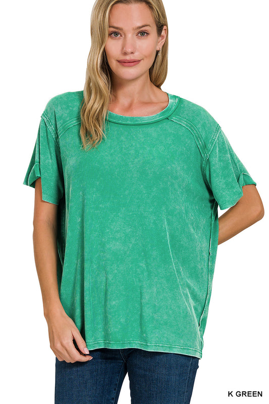 Washed Ribbed Short Sleeve Boat-Neck Top