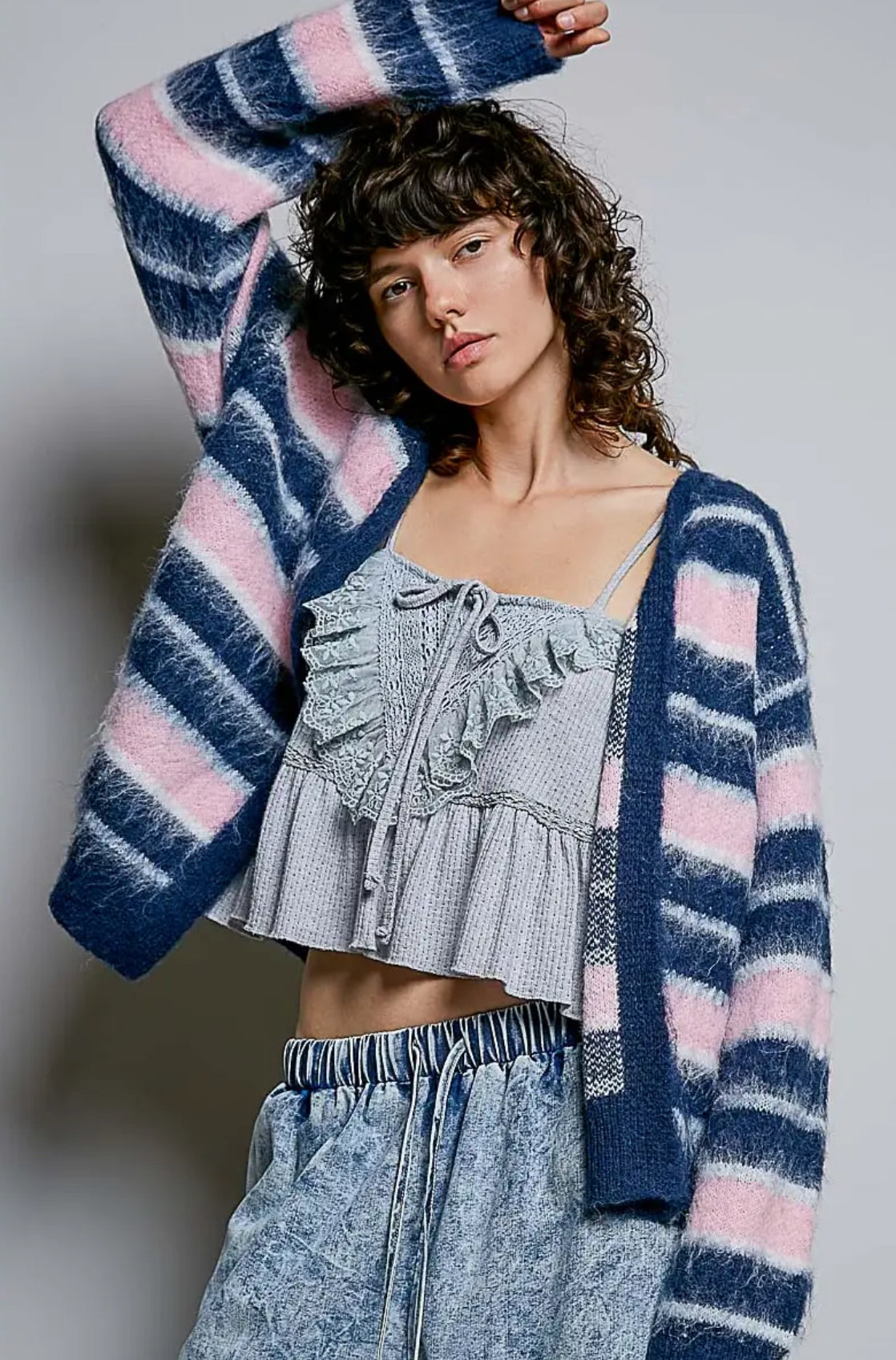 Straight Sleeve Striped Mohair Sweater Open Cardigan
