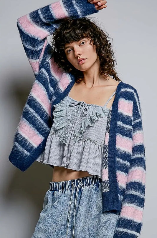 Straight Sleeve Striped Mohair Sweater Open Cardigan