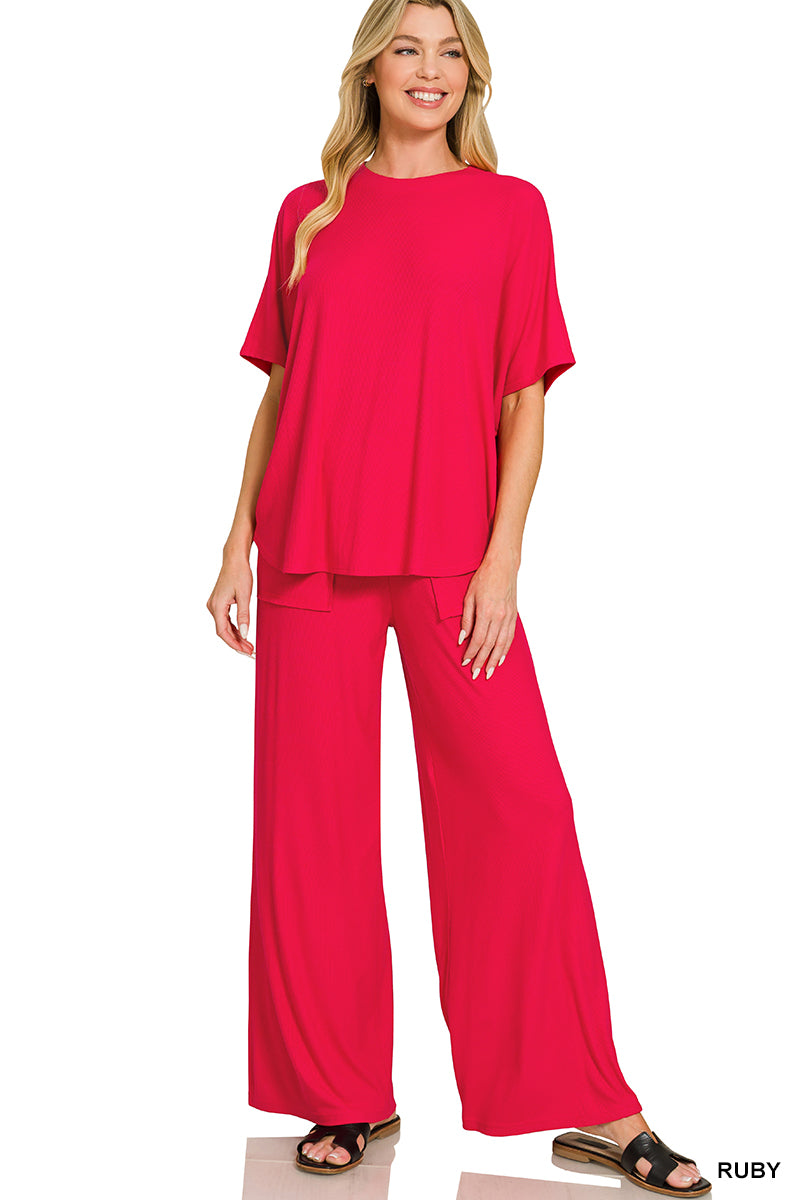Ribbed Rayon Relaxed Fit Top & Pants Set