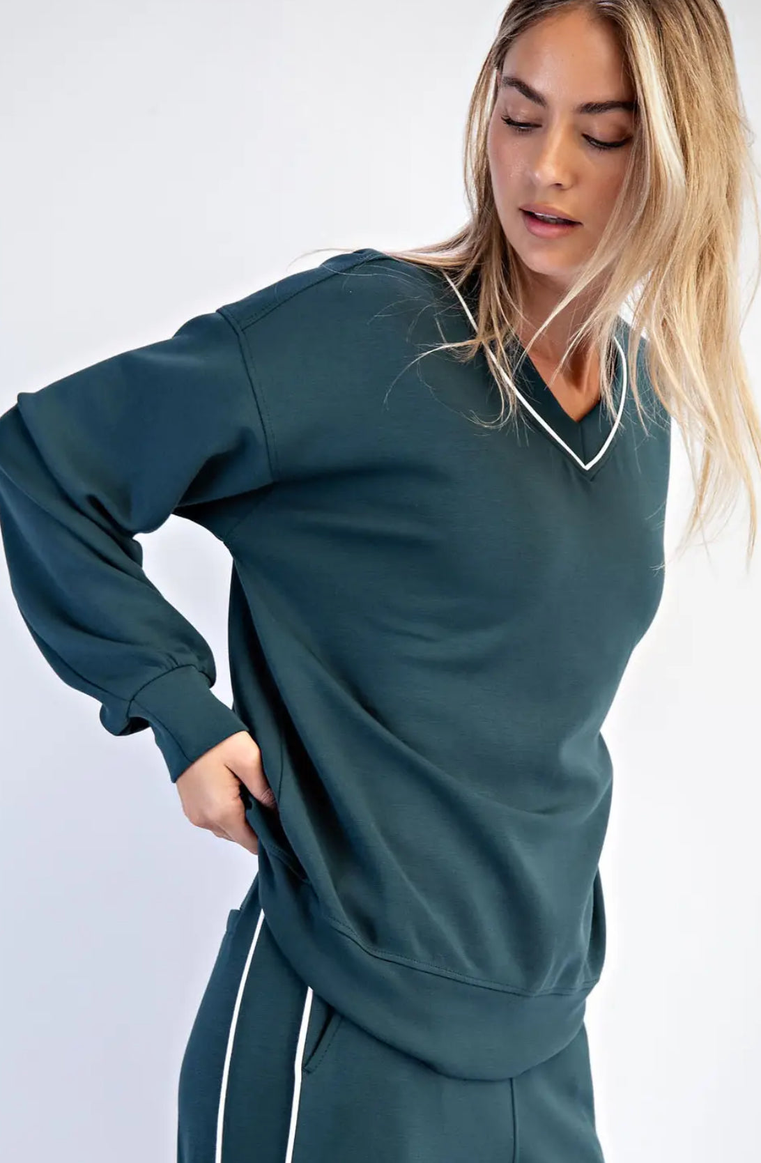 Modal Poly Piping V-Neck Top and Pants Set
