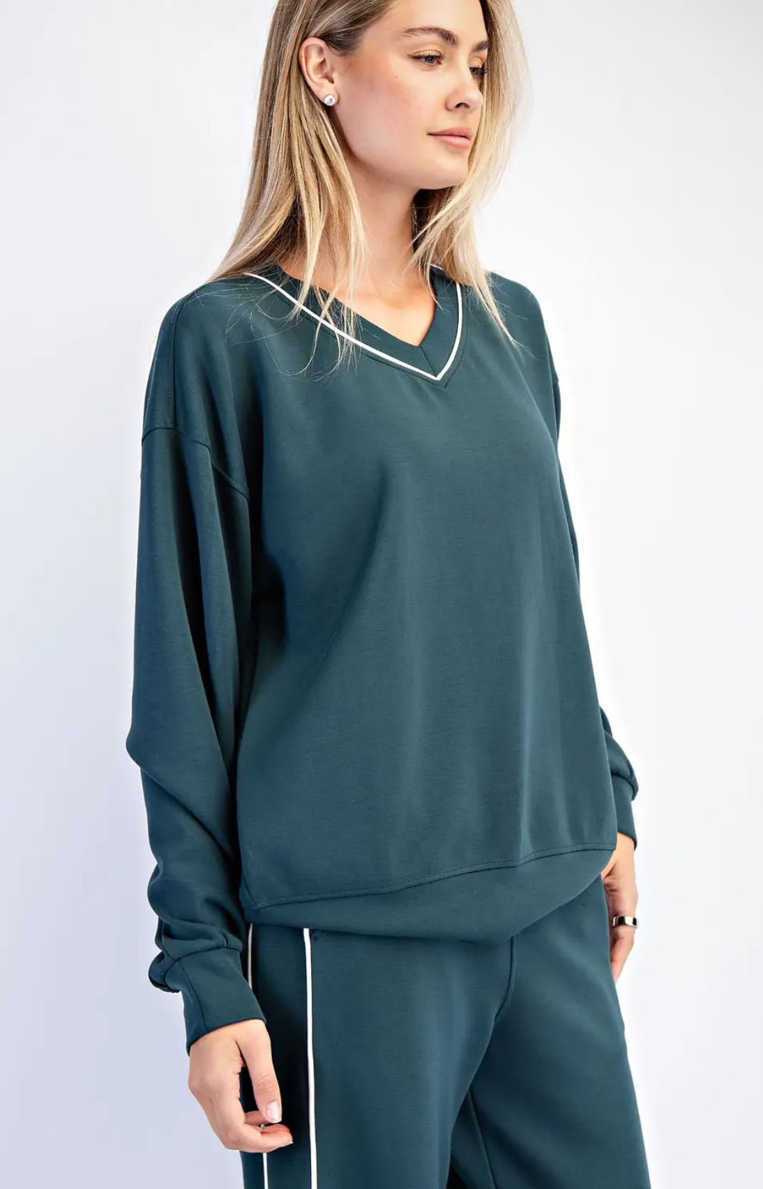 Modal Poly Piping V-Neck Top and Pants Set