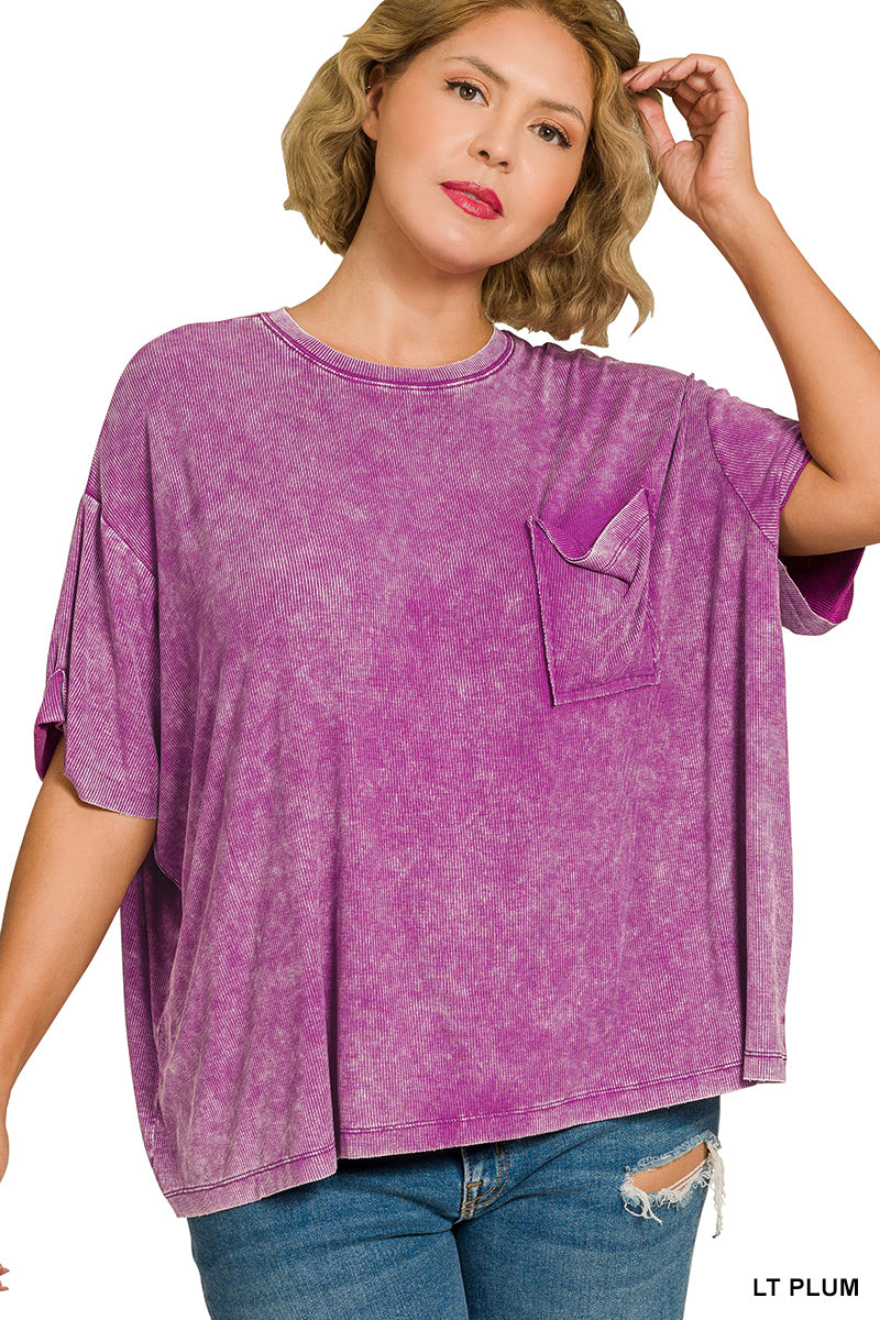 PLUS Washed Ribbed Short Sleeve Round Neck Top