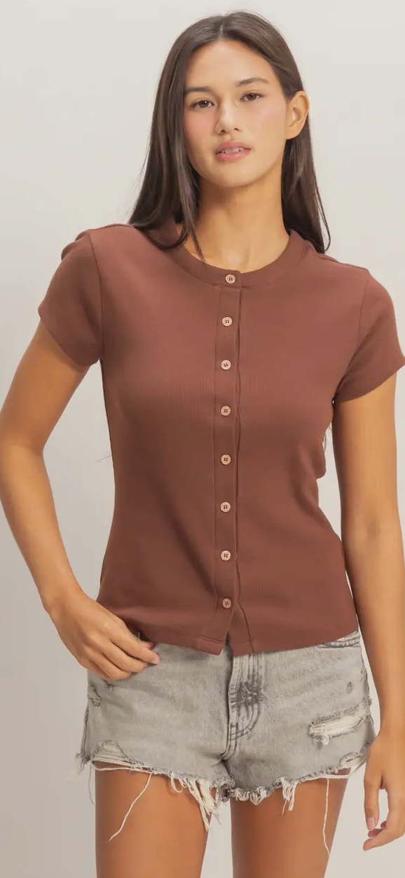 Ribbed Button-Front Crew Neck Top