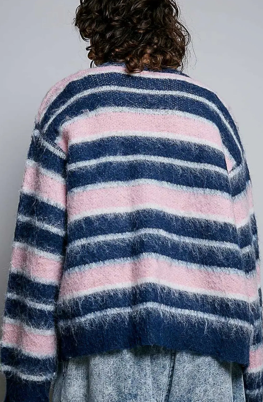 Straight Sleeve Striped Mohair Sweater Open Cardigan
