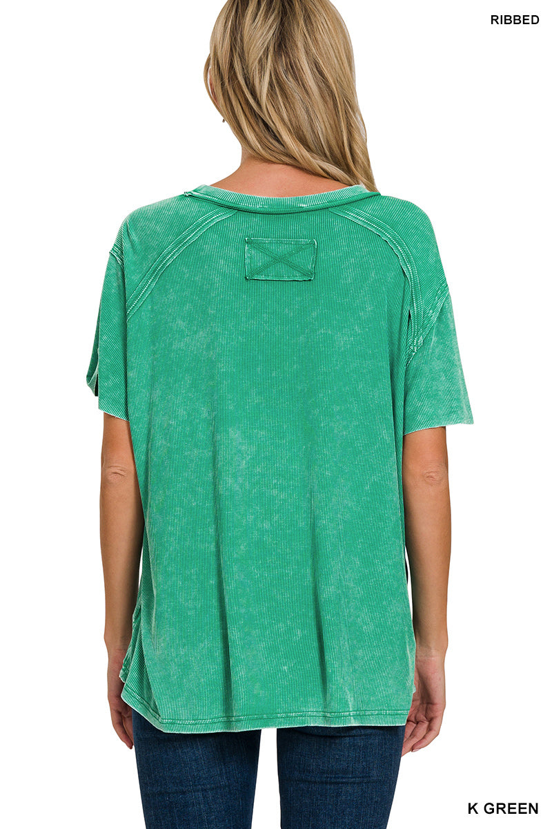 Washed Ribbed Short Sleeve Boat-Neck Top