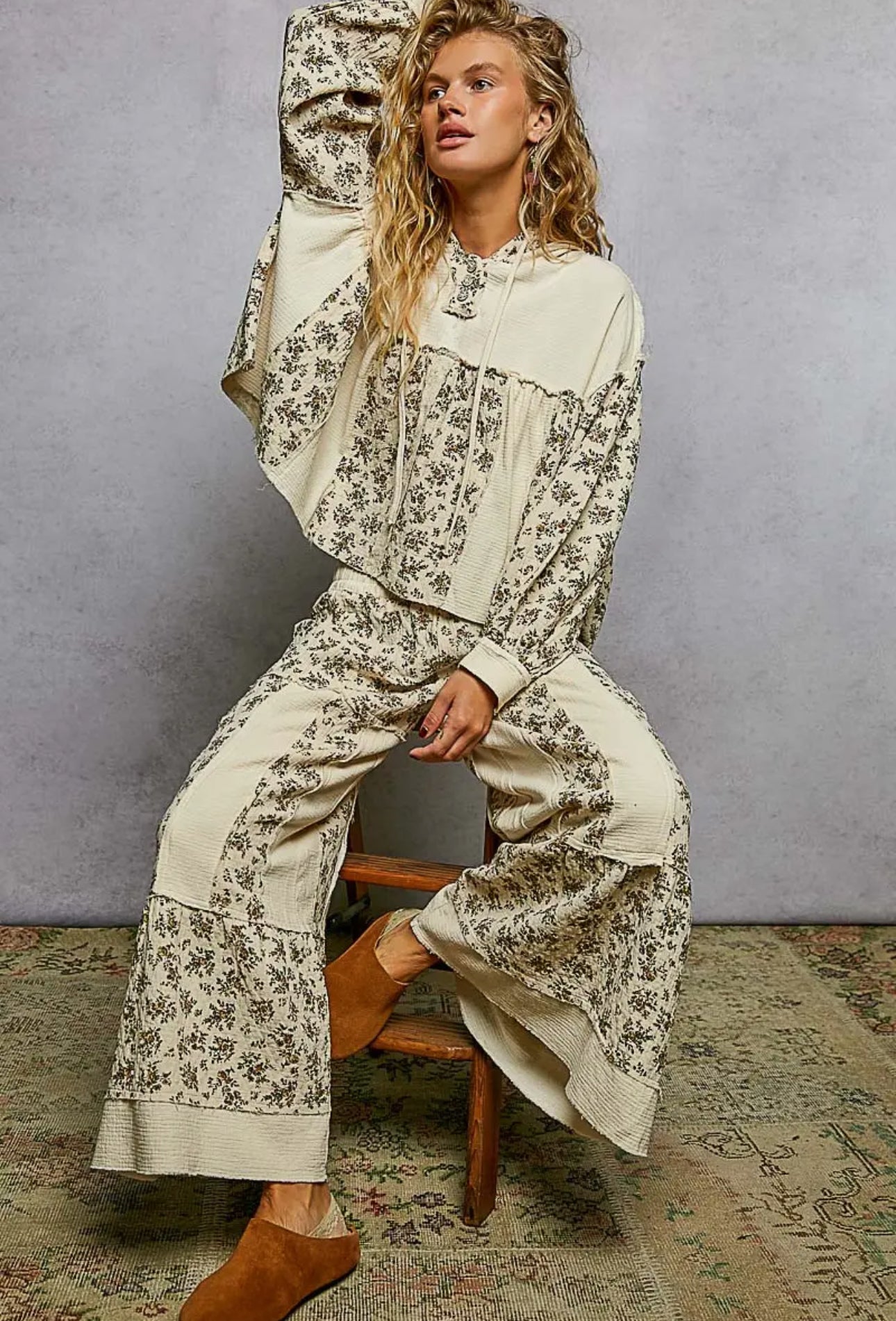 Vintage Wash Double Gauze Floral Hoodie and Pants Set