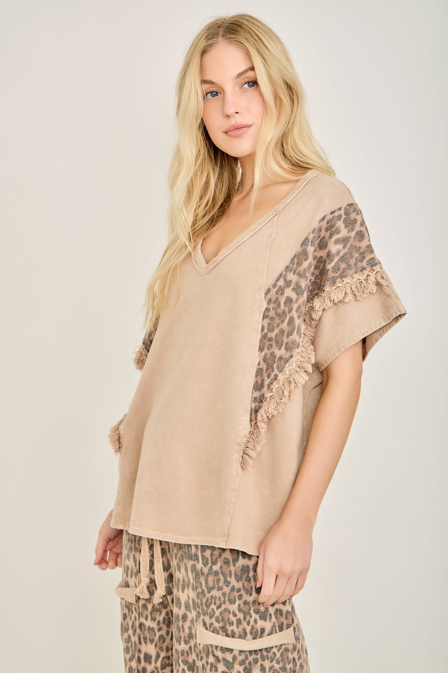 Mineral Washed Animal Print Fringe Top