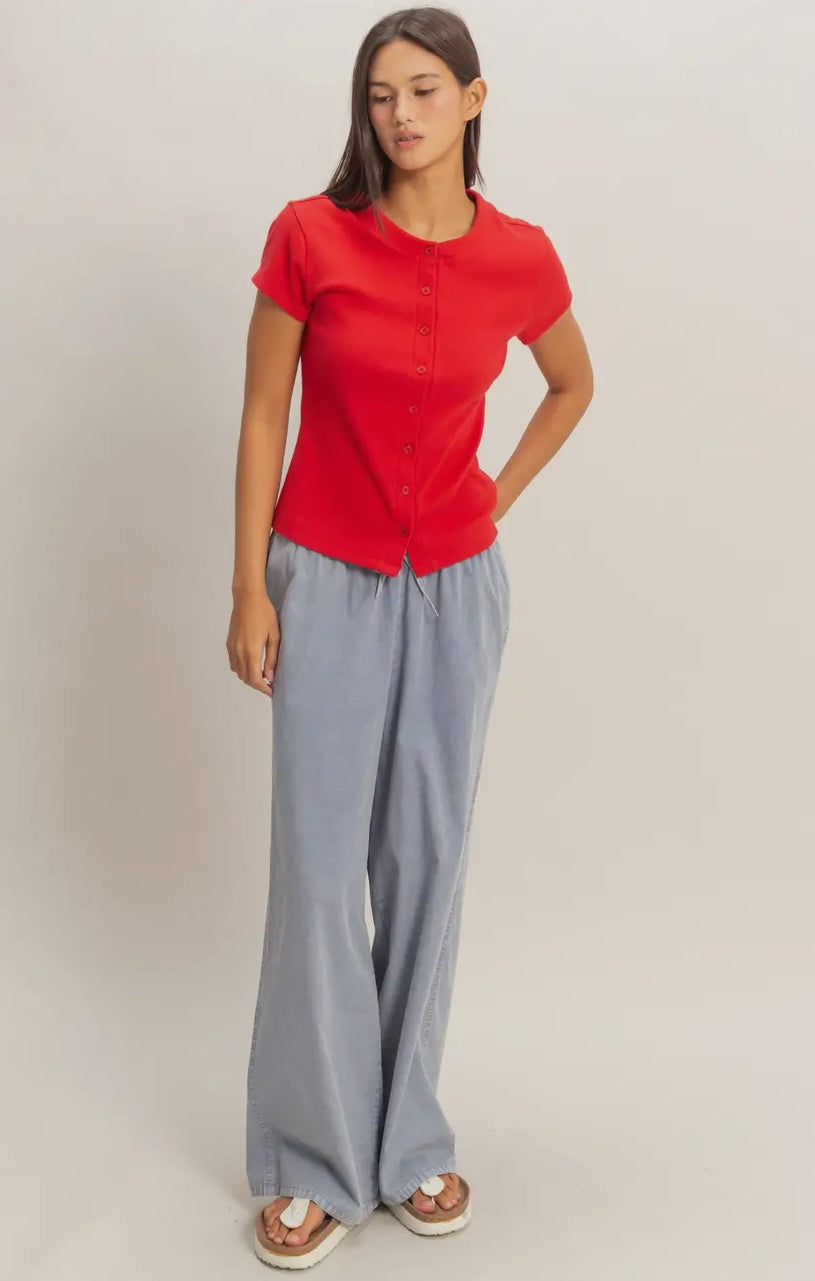 Ribbed Button-Front Crew Neck Top