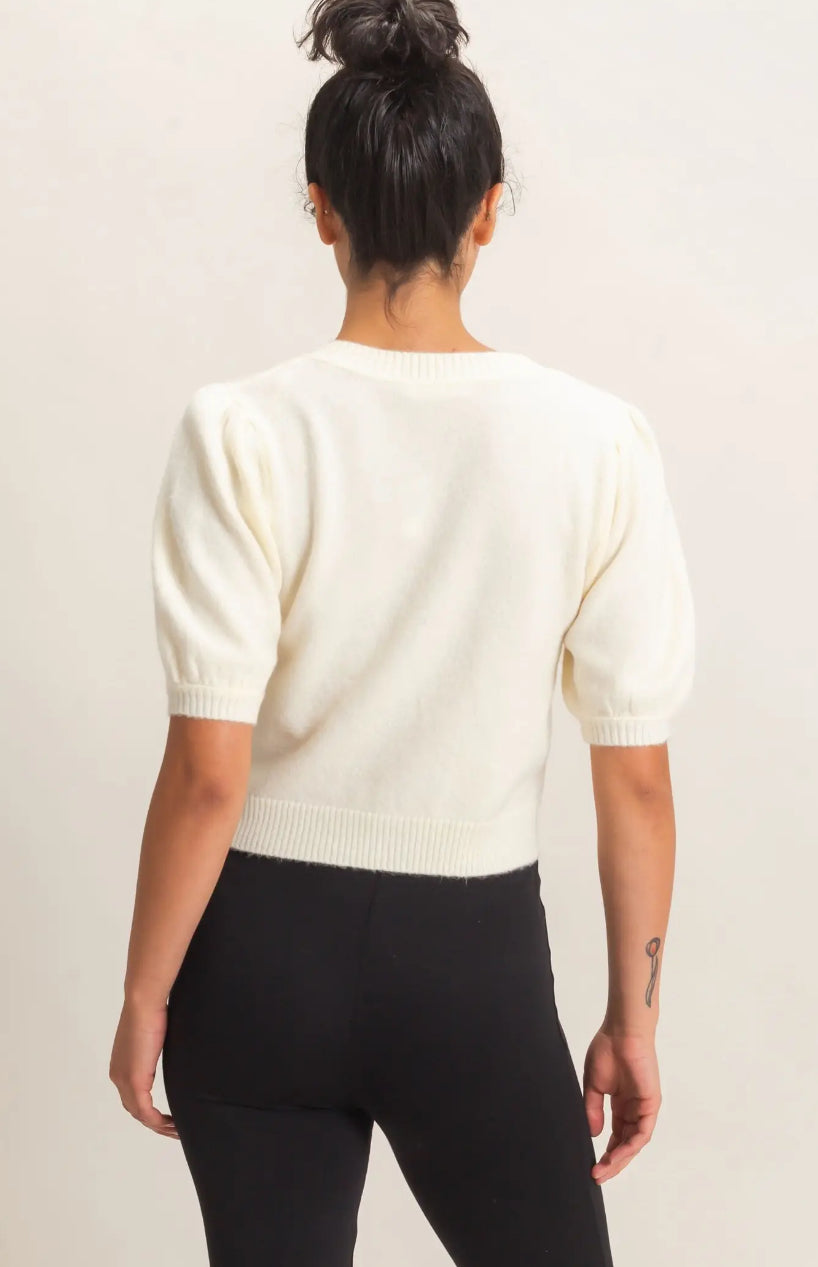 Button Front Puff Short Sleeve Cardigan