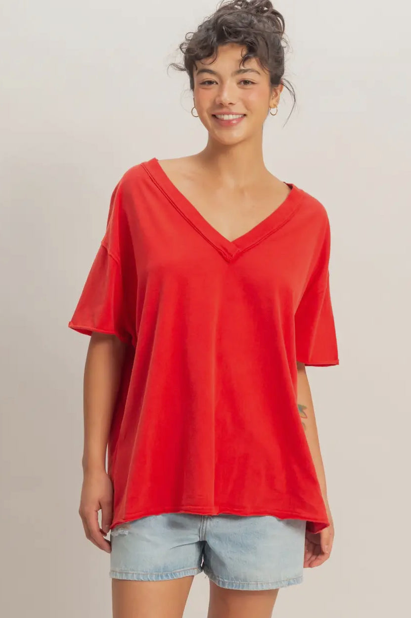 Washed V-Neck Oversized Top
