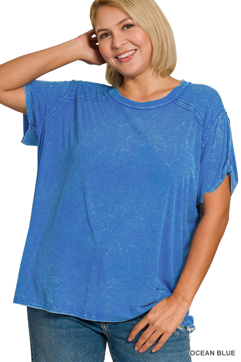 PLUS Washed Ribbed Short Sleeve Boat Neck Top