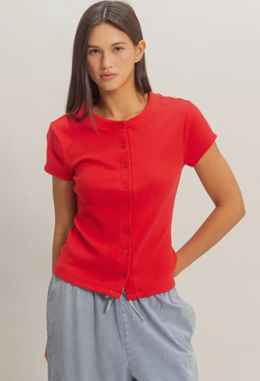 Ribbed Button-Front Crew Neck Top