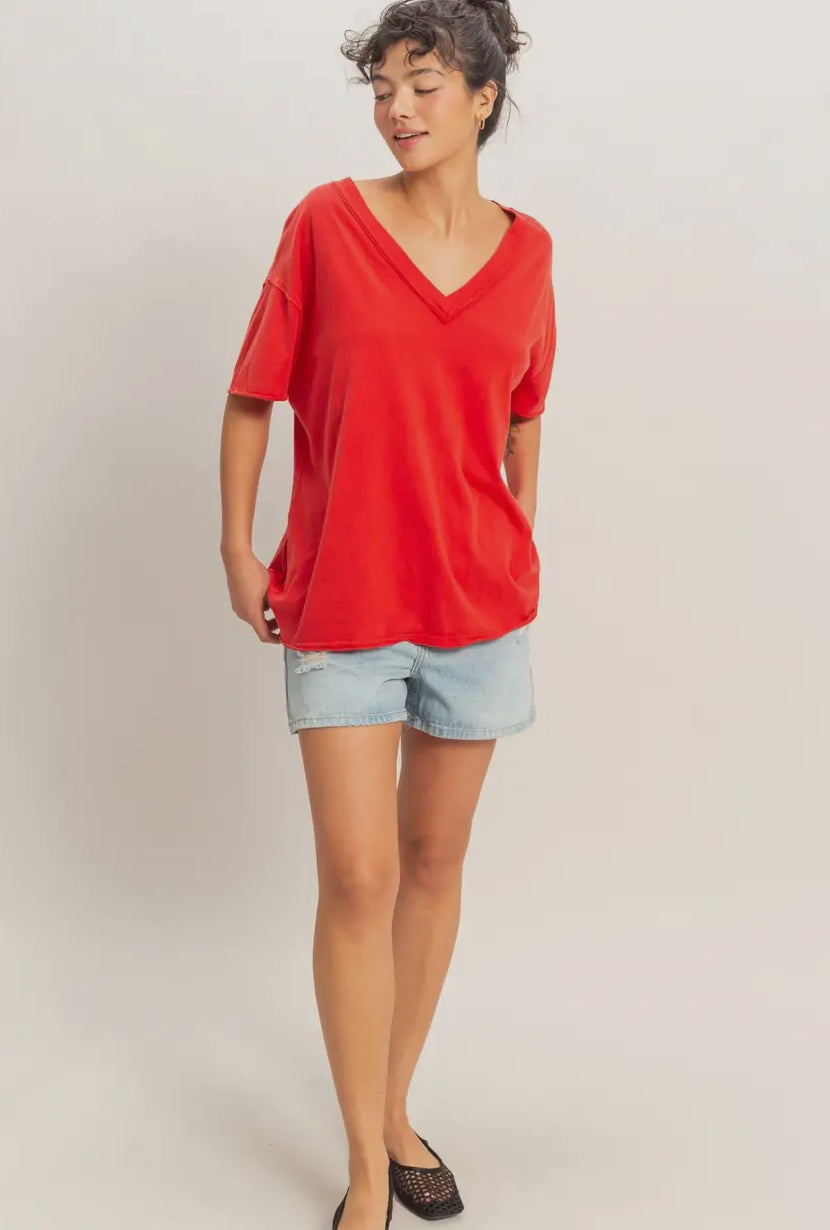 Washed V-Neck Oversized Top
