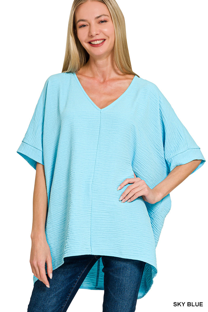 Woven V-Neck Short Sleeve Top