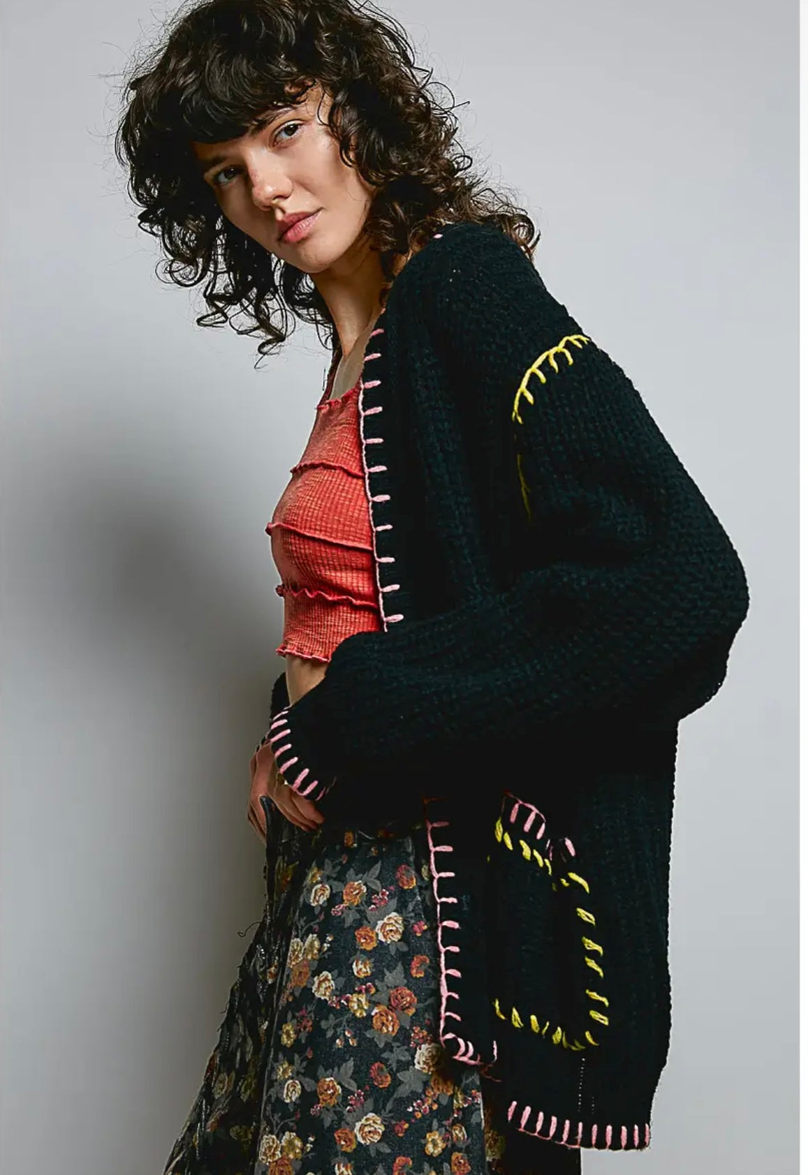 Solid Pattern Blanket Stitch Sweater Open Cardigan