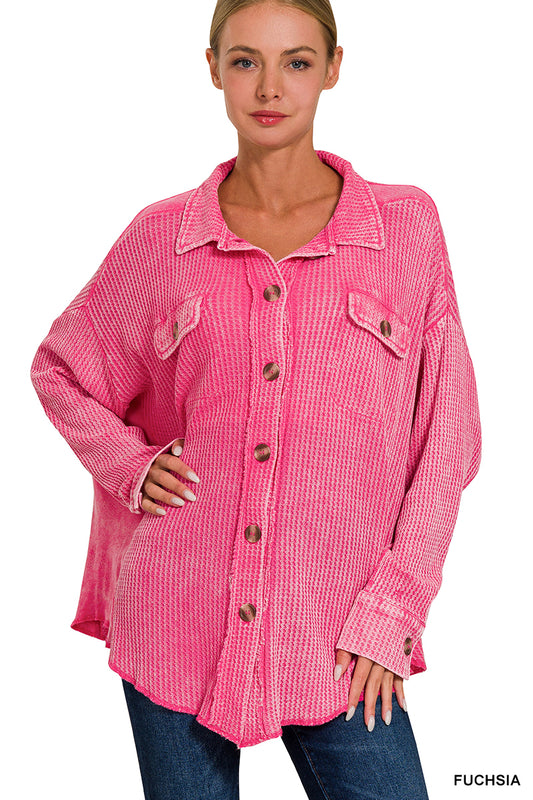 Acid Washed Oversized Cotton Waffle Shacket