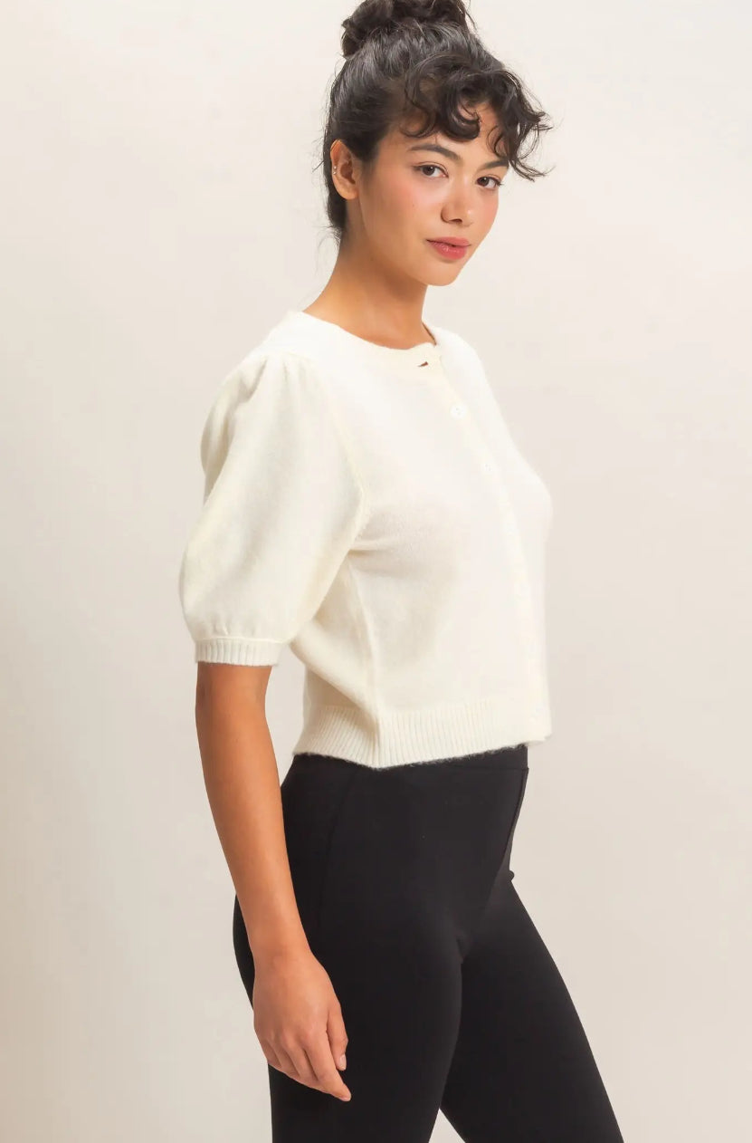 Button Front Puff Short Sleeve Cardigan