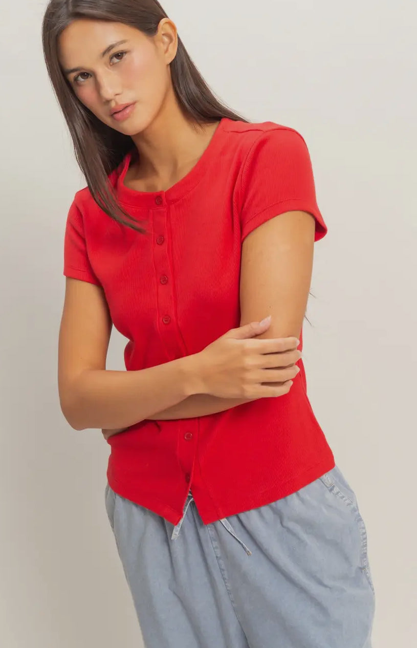 Ribbed Button-Front Crew Neck Top