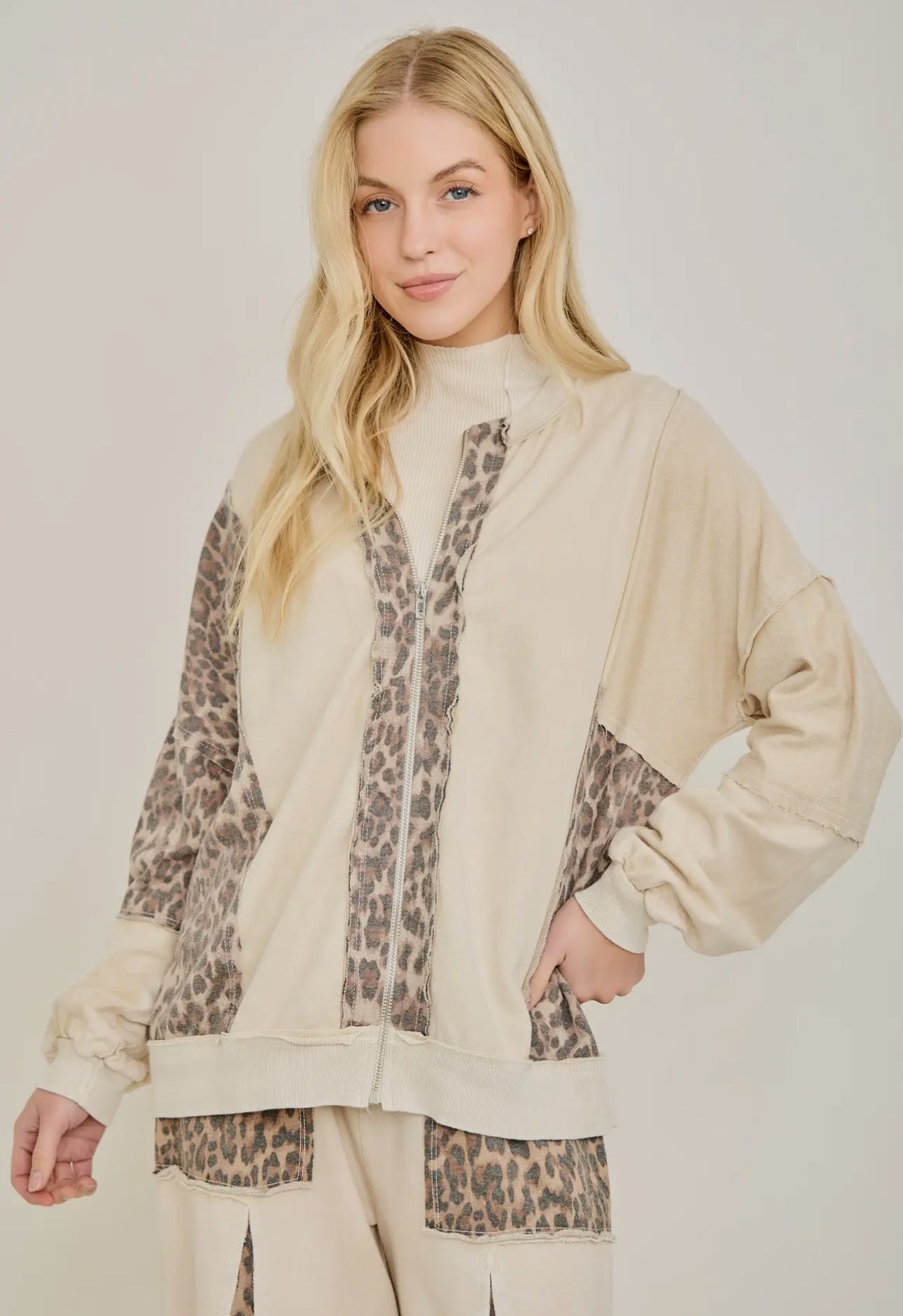 Mineral Washed Cheetah Zipper Bomber Jacket