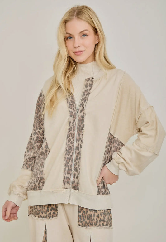 Mineral Washed Cheetah Zipper Bomber Jacket