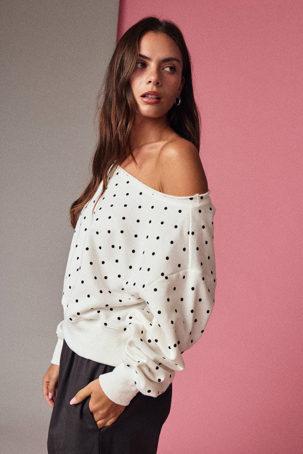 Polka Dot Off Shoulder Sweatshirt