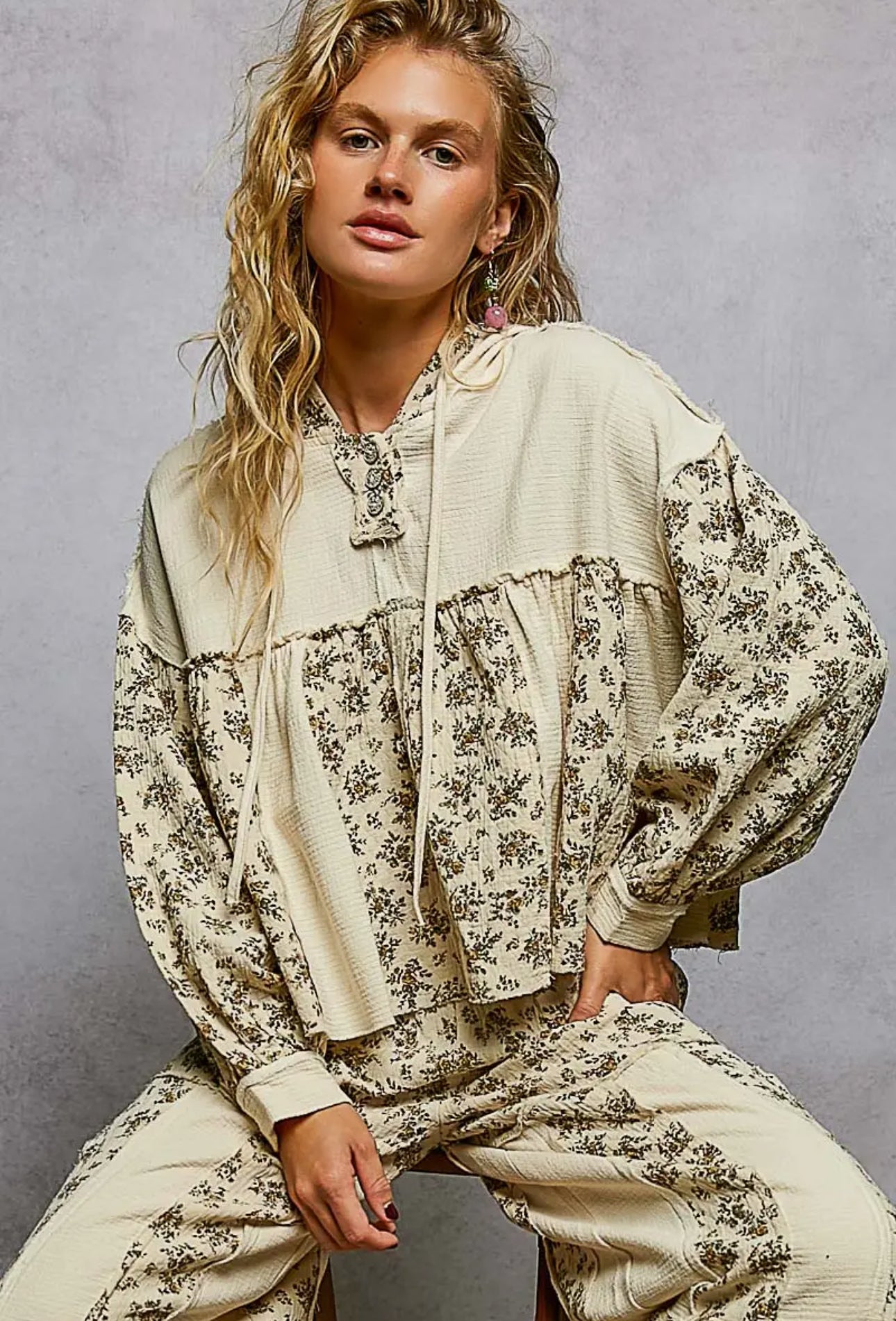 Vintage Wash Double Gauze Floral Hoodie and Pants Set
