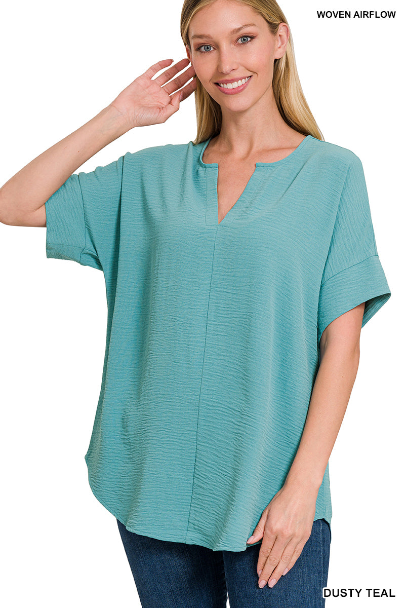 Woven Airflow Split Neck Short Sleeve Top