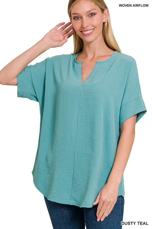 Woven Airflow Split Neck Short Sleeve Top