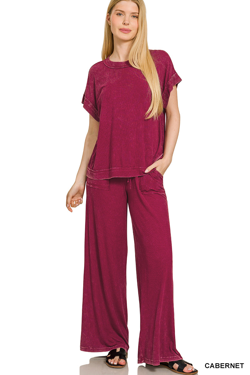 Ribbed Acid Wash Rayon Top & Pants Set