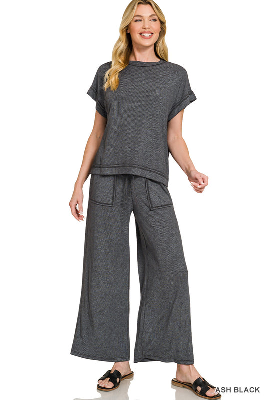 Ribbed Acid Wash Rayon Top & Pants Set