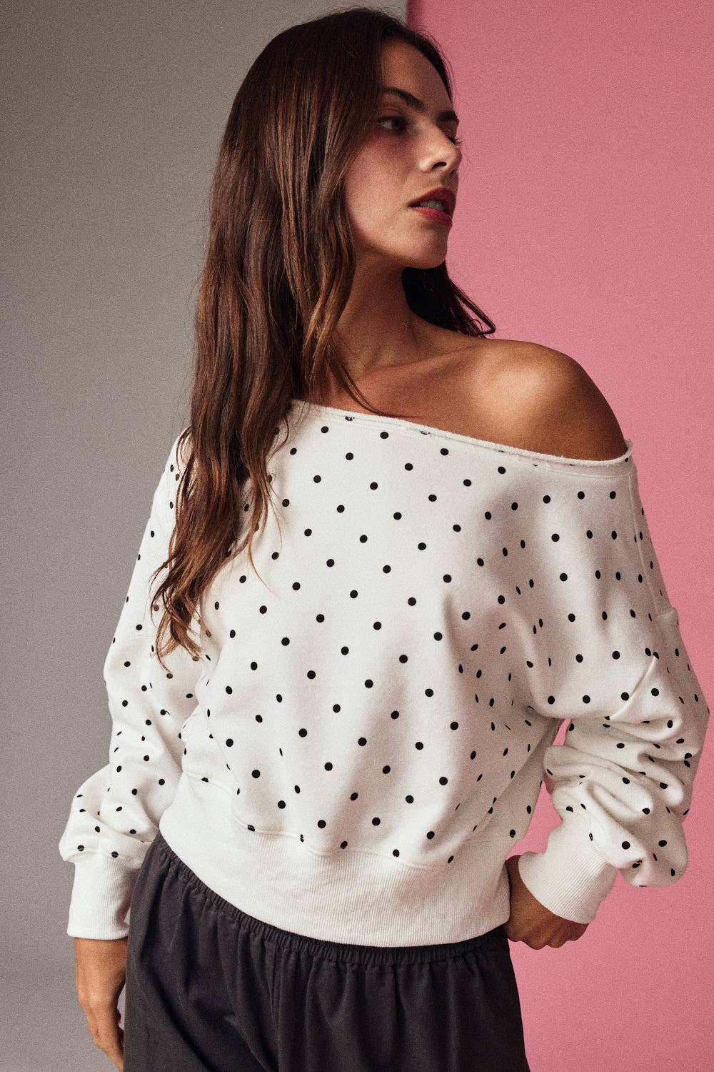 Polka Dot Off Shoulder Sweatshirt