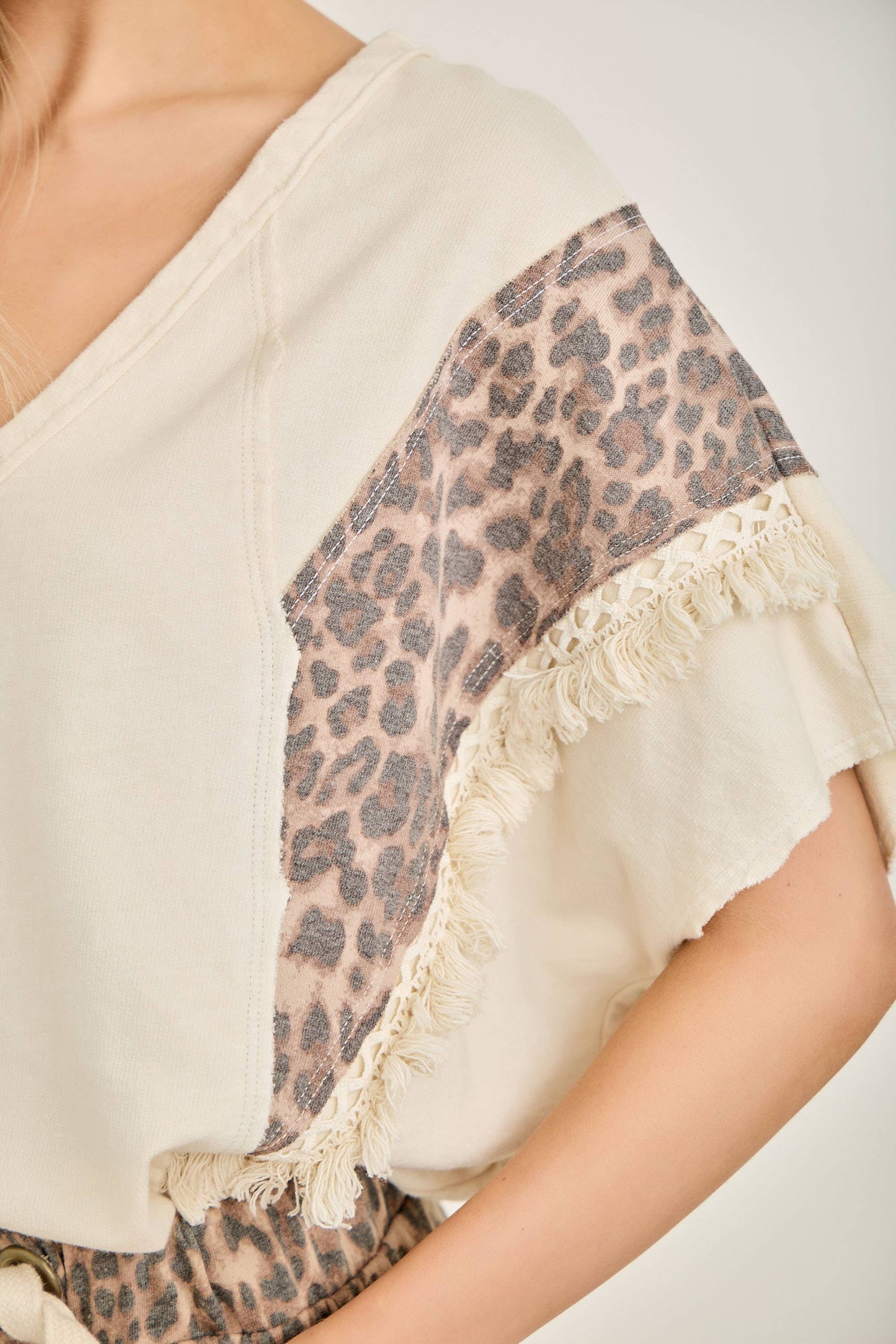 Mineral Washed Animal Print Fringe Top