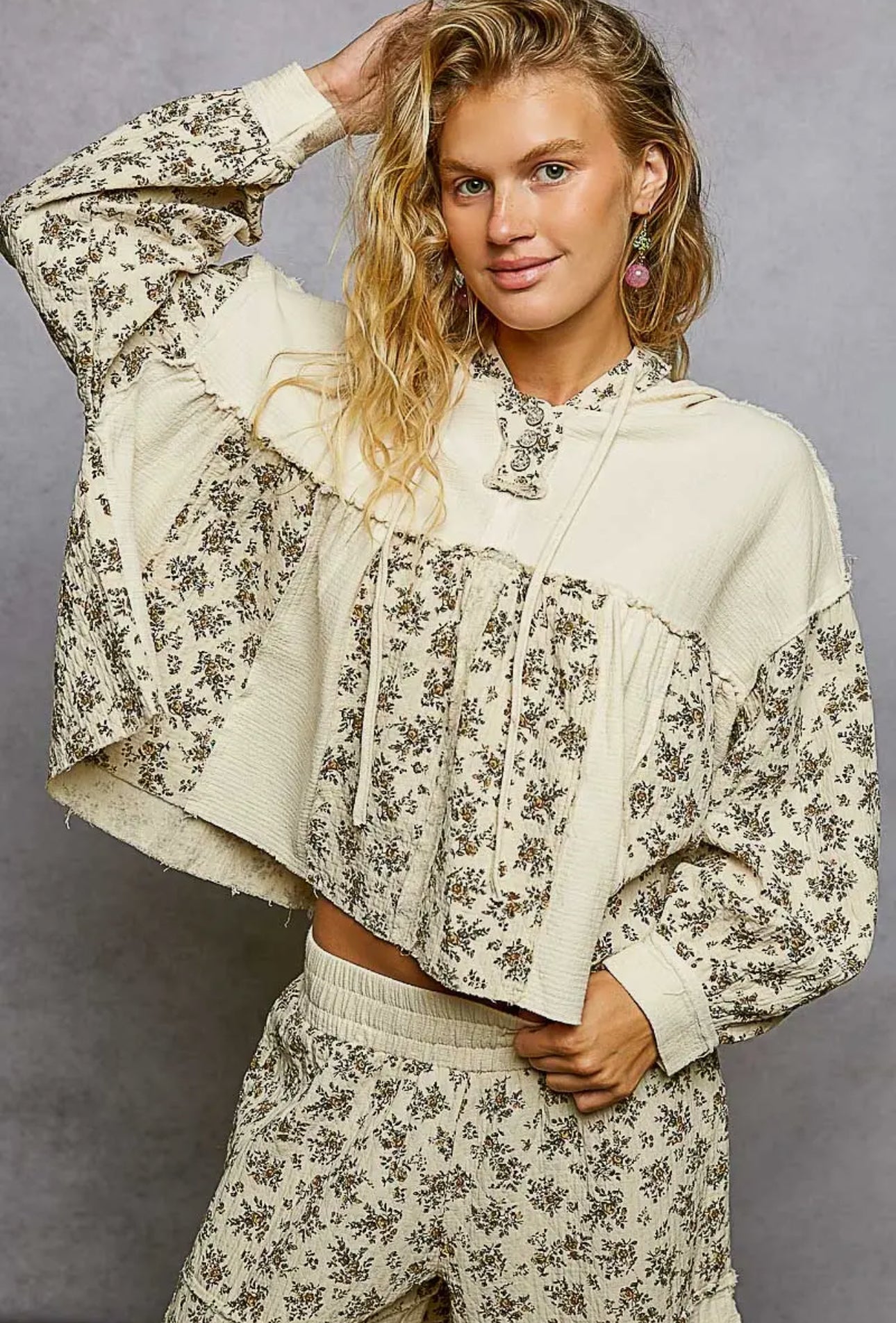 Vintage Wash Double Gauze Floral Hoodie and Pants Set