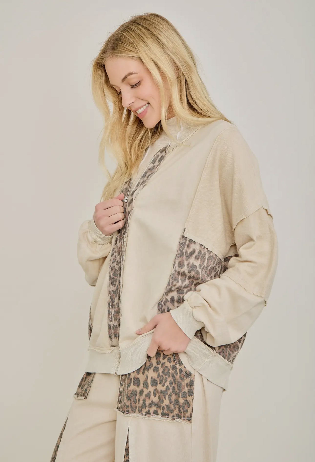 Mineral Washed Cheetah Zipper Bomber Jacket