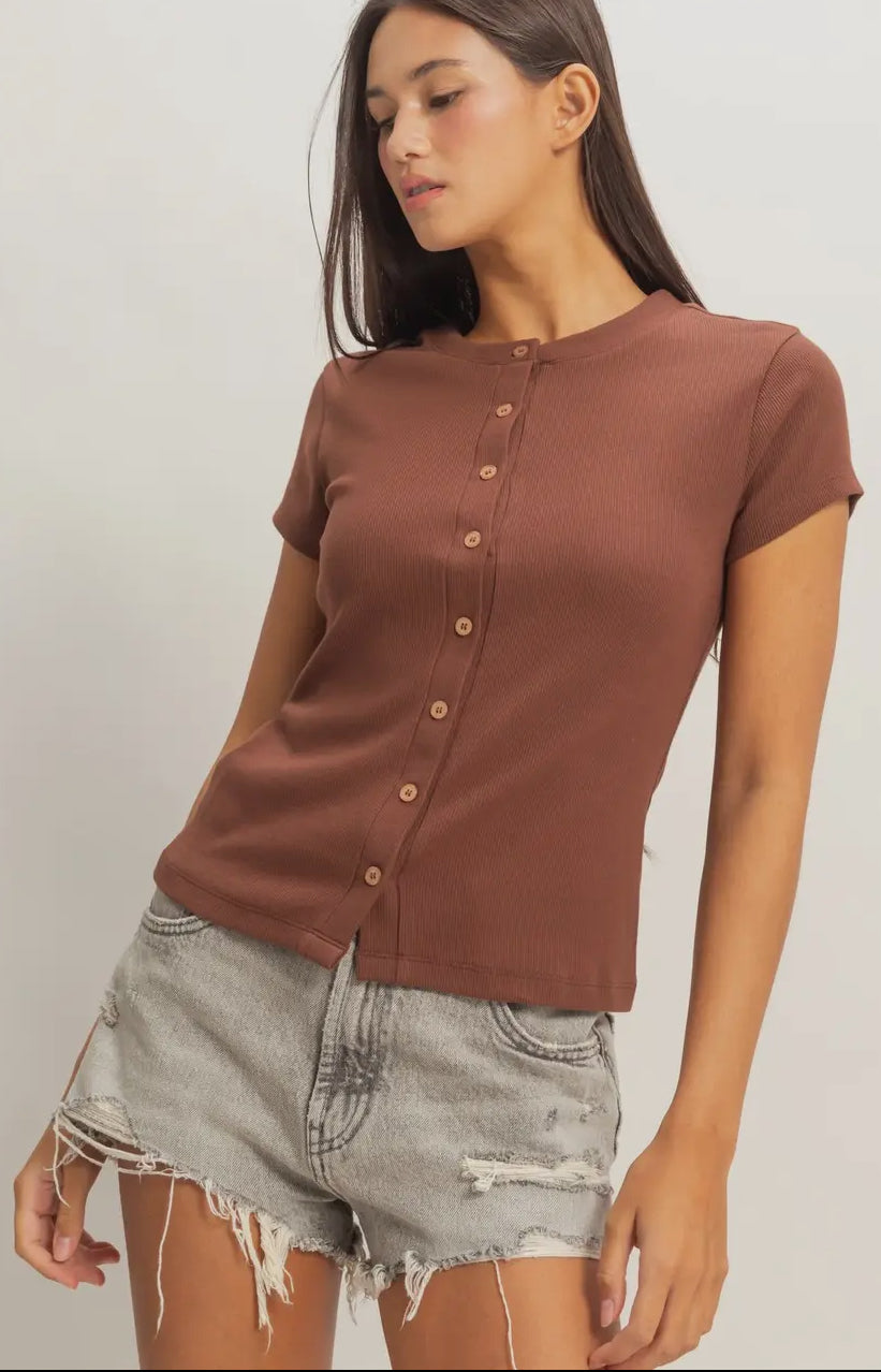 Ribbed Button-Front Crew Neck Top