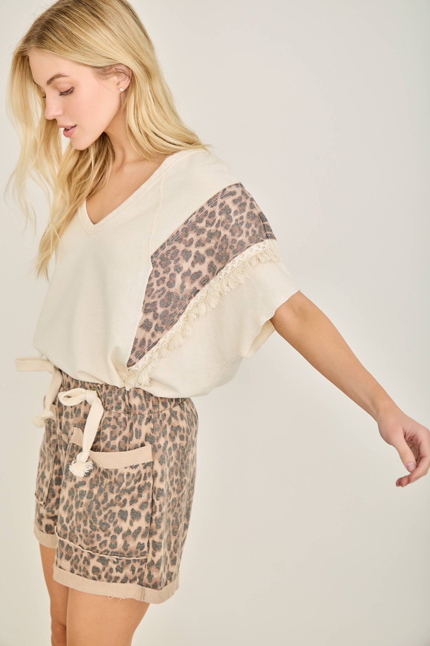 Mineral Washed Animal Print Fringe Top