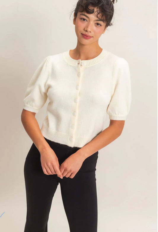 Button Front Puff Short Sleeve Cardigan