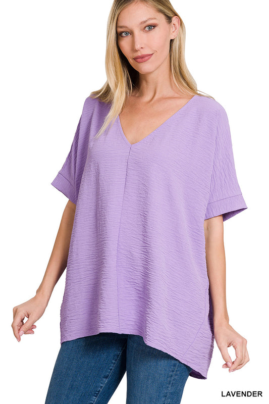 Woven V-Neck Short Sleeve Top